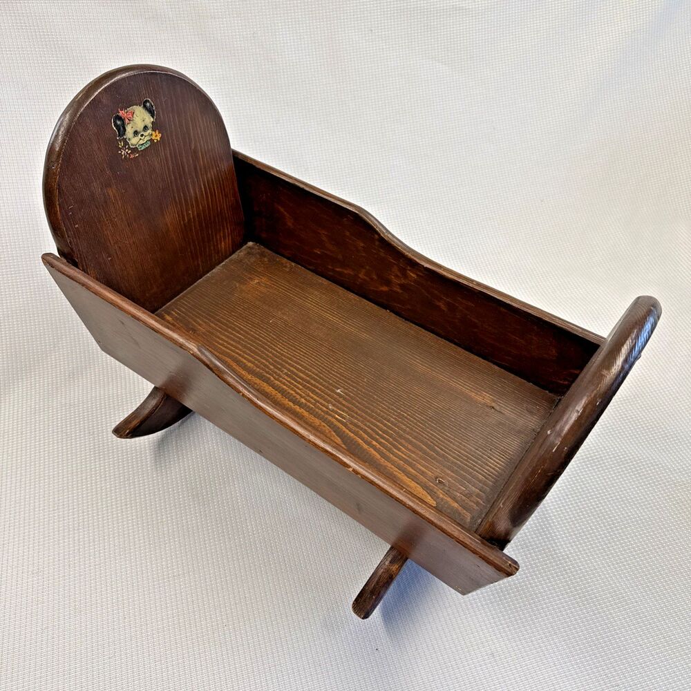 Vintage 1970s Handmade Wooden Doll Cradle Baby Doll Bed Crib 13" x 19"